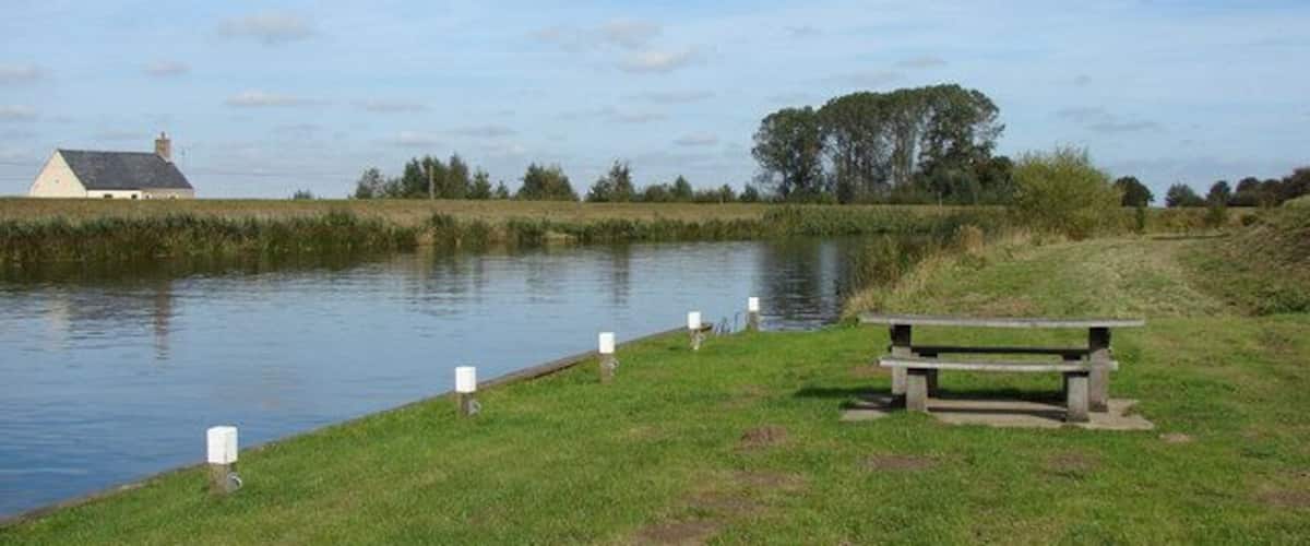 A grassy area with a bench and a body of water.