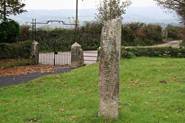 Inscribed Stone in South Hill Churchyard, near to South Hill, Cornwall, Great Britain. This stone was inscribed sometime in the 6th to 8th century with a Latin inscription which has been translated as "the stone of Cumregnus, son of Maucus". It is believed to be an early Christian memorial. The inscription, though faint, is just visible on the face of the stone.