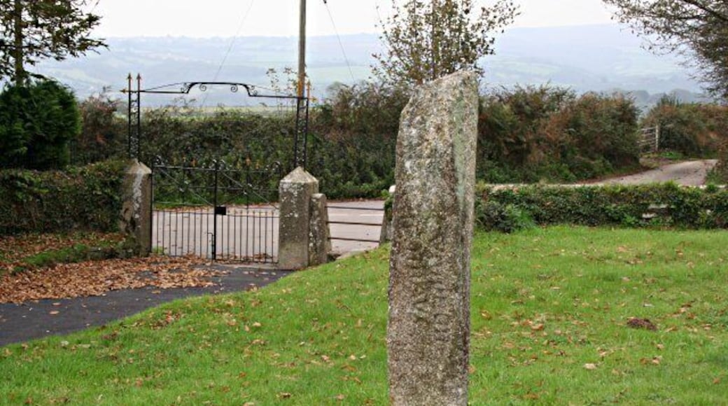 Inscribed Stone in South Hill Churchyard, near to South Hill, Cornwall, Great Britain. This stone was inscribed sometime in the 6th to 8th century with a Latin inscription which has been translated as "the stone of Cumregnus, son of Maucus". It is believed to be an early Christian memorial. The inscription, though faint, is just visible on the face of the stone.