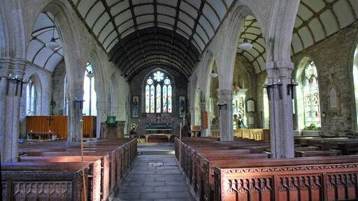 Inside the nave of St Sampson's parish church, South Hill, Cornwall, looking east to the chancel