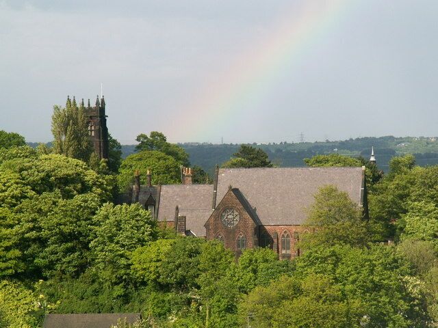 St Peter's church Woolton. St Peter's church tower where a certain Eleanor Rigby's headstone can be found.