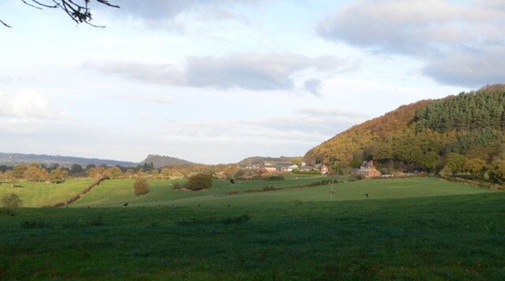 View from Harthill Lane Looking north-east, on the right is Burwardsley Hill, and in the far distance the two hillocks both have castles - Beeston Castle and Peckforton Castle.