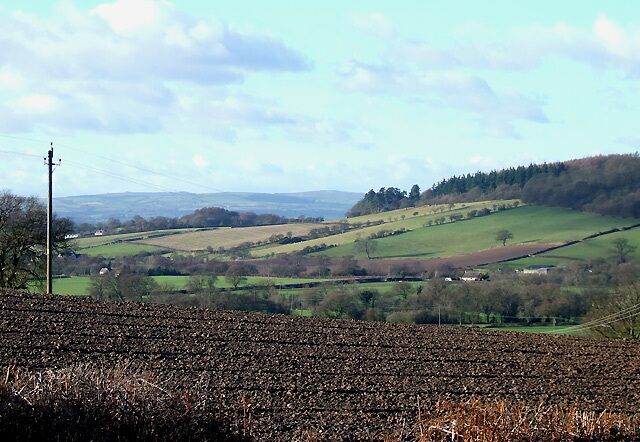 A rural landscape with rolling hills, fields, and a power line.