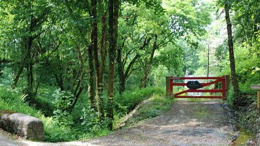 Cwm of the Nant Wysg The stream descends quite steeply down the wooded cwm. On the right is the entrance to Cwarel-isaf, while on the other side of the stream, hidden by the trees, is the trackbed of the Lampeter, Aberayron and New Quay Light Railway, now a farm track.