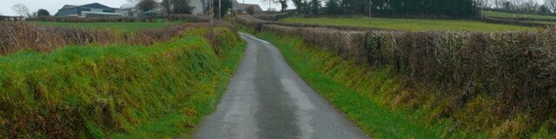 Uma estrada rural estreita, ladeada por campos e sebes, que conduz a edifícios distantes.