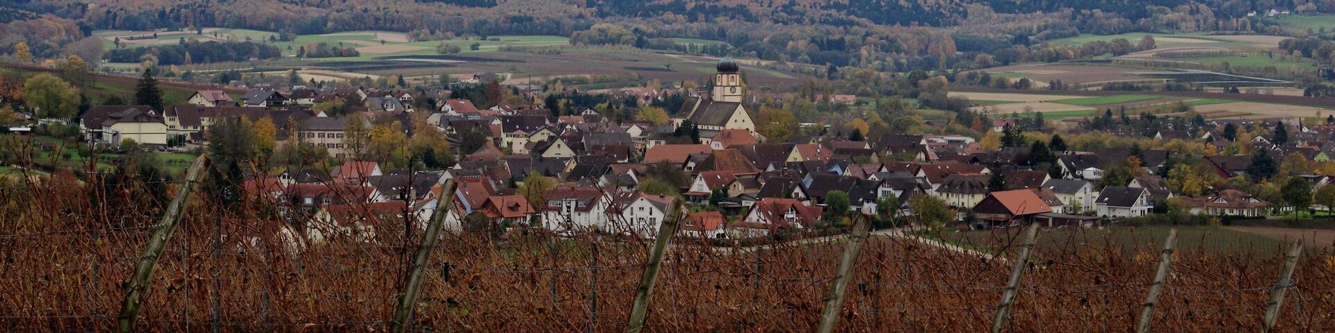 Blick auf die Gemeinde Kirchhofen und den dahinterliegenden Schwarzwald. Die Berge teilweise schon mit Schnee, links im Hintergrund der Belchen