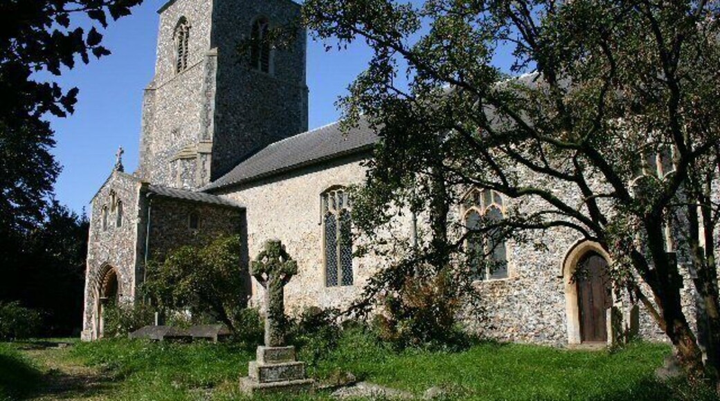 St Margaret South Elmham Church. The core of the nave of the church dates from Norman times. The church was thoroughly restored in 1838, when the stonework of some of the windows was renewed. The square west tower dates from the early 14th century. Inside the porch are the old village stocks.