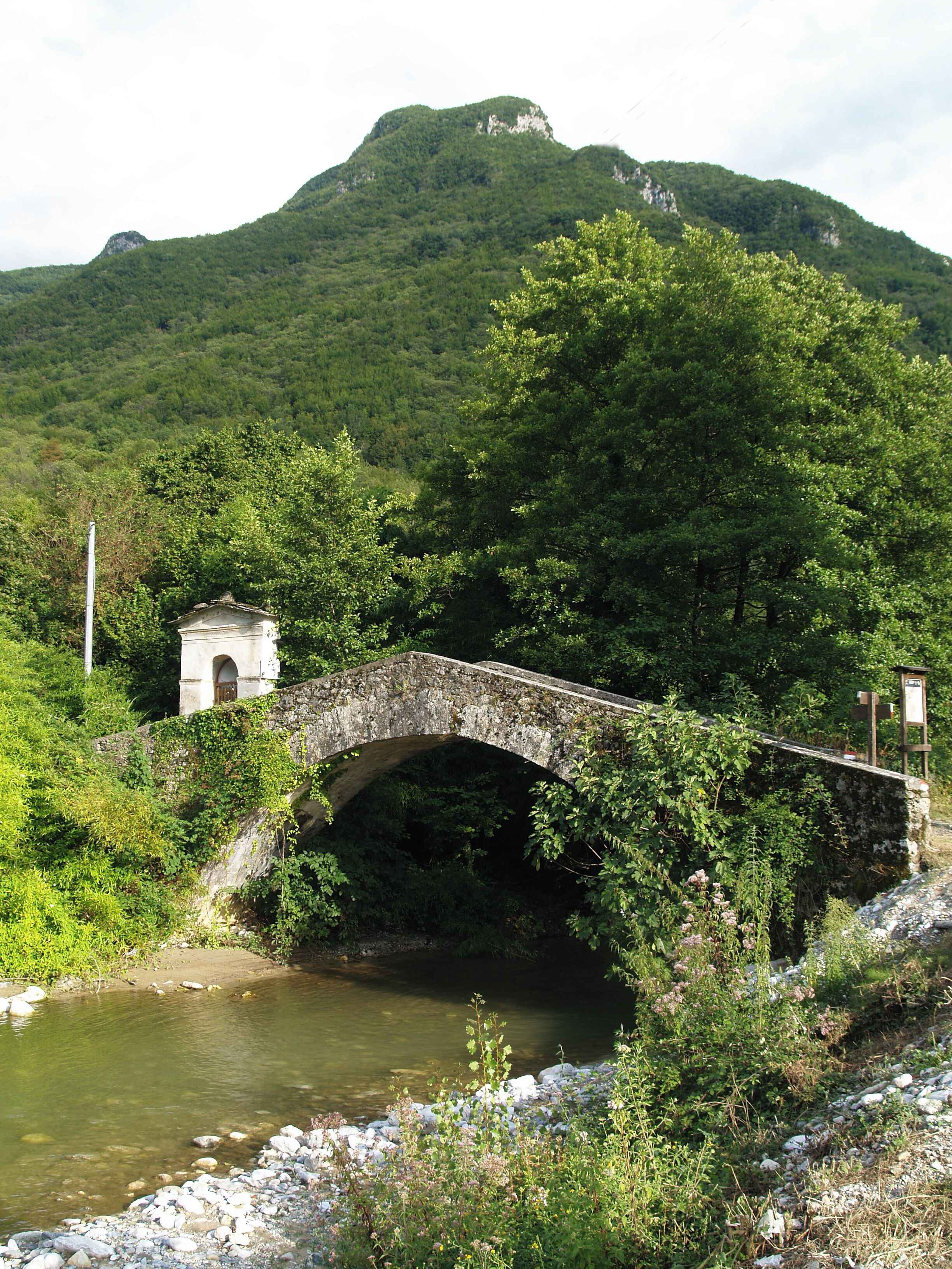 A stone bridge over a river, surrounded by lush greenery and a mountain in the background.
