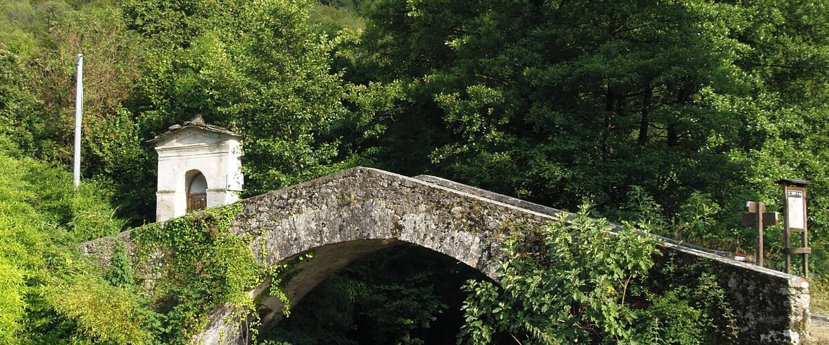 A stone bridge over a river, surrounded by lush greenery and a mountain in the background.