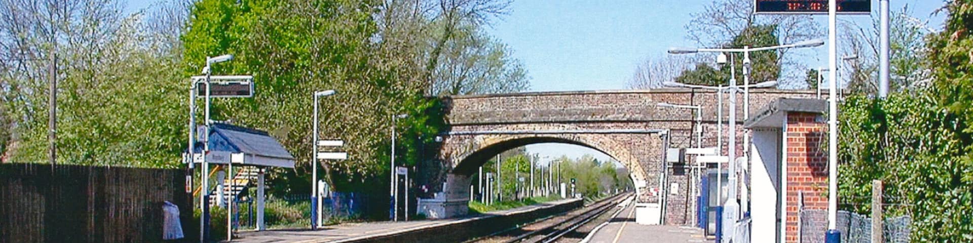 Wraysbury Station. View NW, towards Windsor & Eton (Riverside): ex-LSWR London Waterloo - Staines - Windsor line.