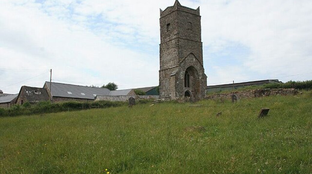 West tower of the former parish church of St James, Upton, somerset, seen from the southeast. The nave and chancel were to the right, but their walls have been reduced to a height of about half a metre.