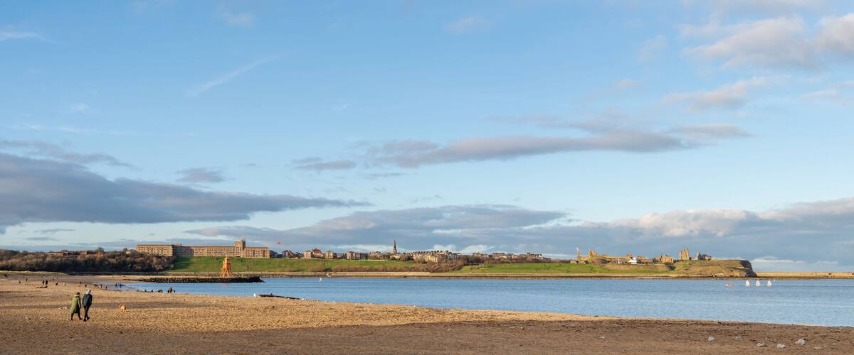 Panoramic view of Little Haven Beach in South Shields, UK, looking towards Tynemouth over River Tyne