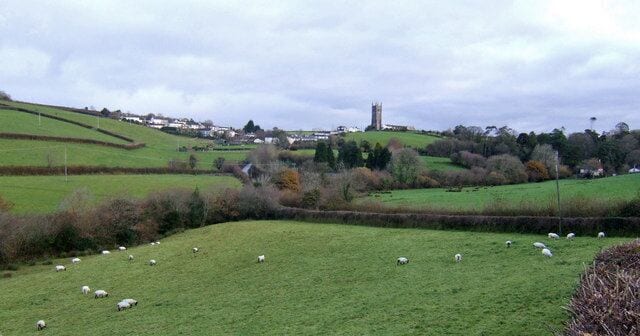Ugborough, Devon Viewed from the A3121 across rolling sheep pasture, the fine tower of St. Peter's church stands out.