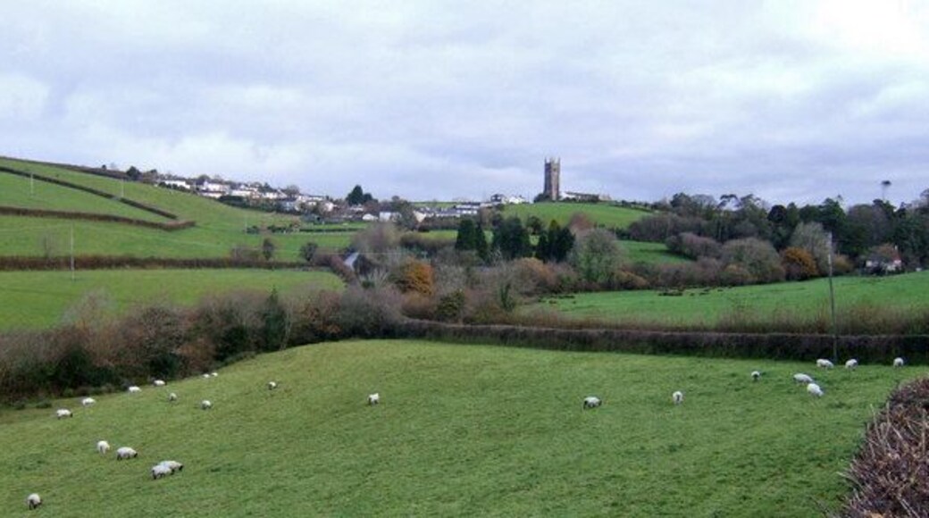 Ugborough, Devon Viewed from the A3121 across rolling sheep pasture, the fine tower of St. Peter's church stands out.
