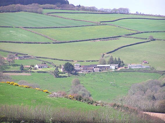 Slowley farm. Looking north west from across the valley on the Treborough - Court farm lane