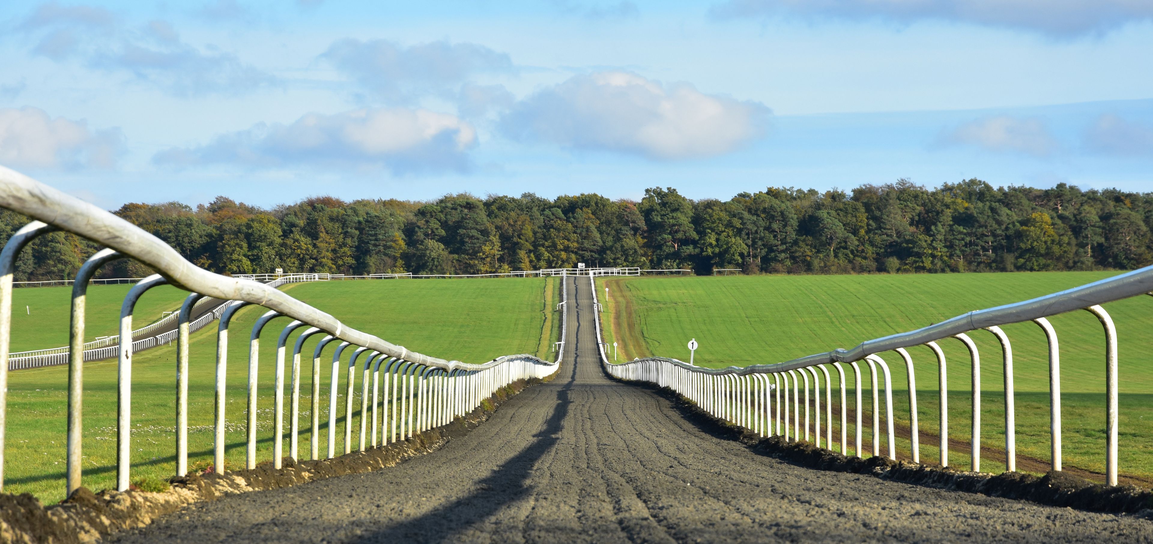 A dirt track with white railings and a green field in the background.