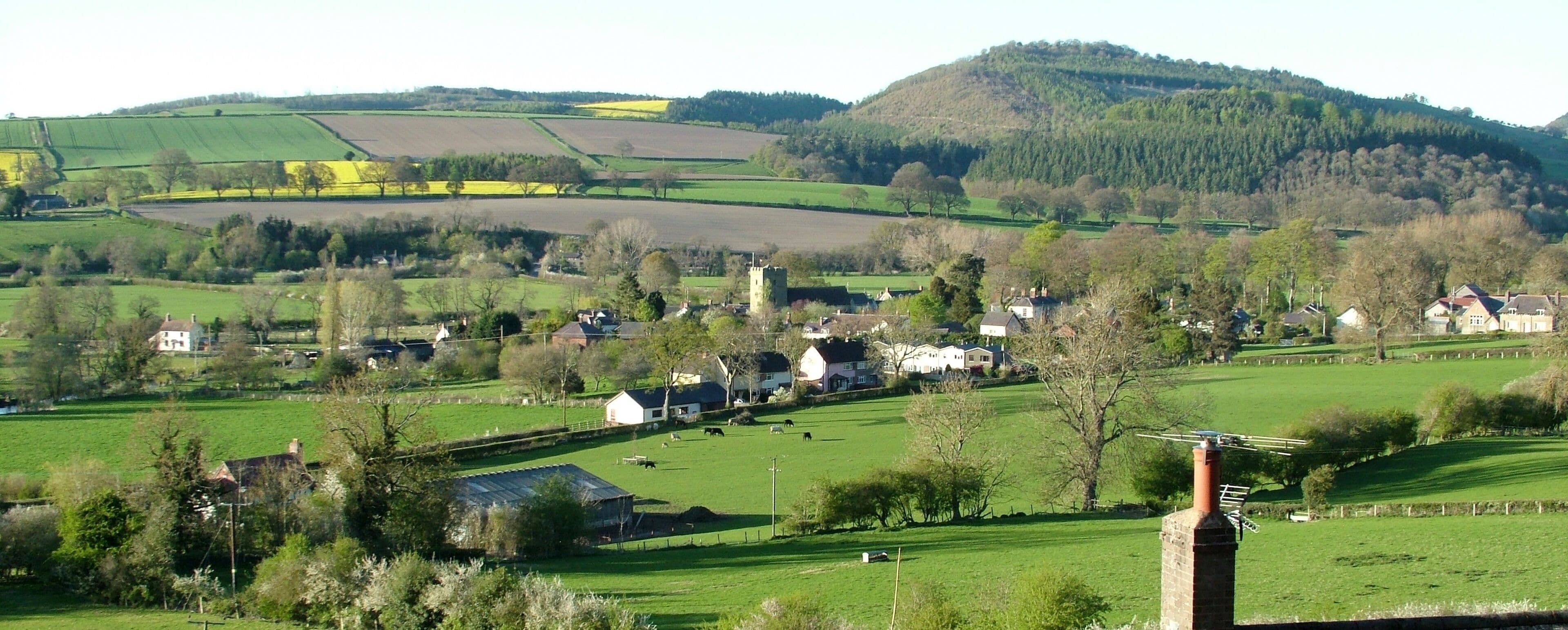 A rural landscape with rolling hills, fields, and scattered houses.