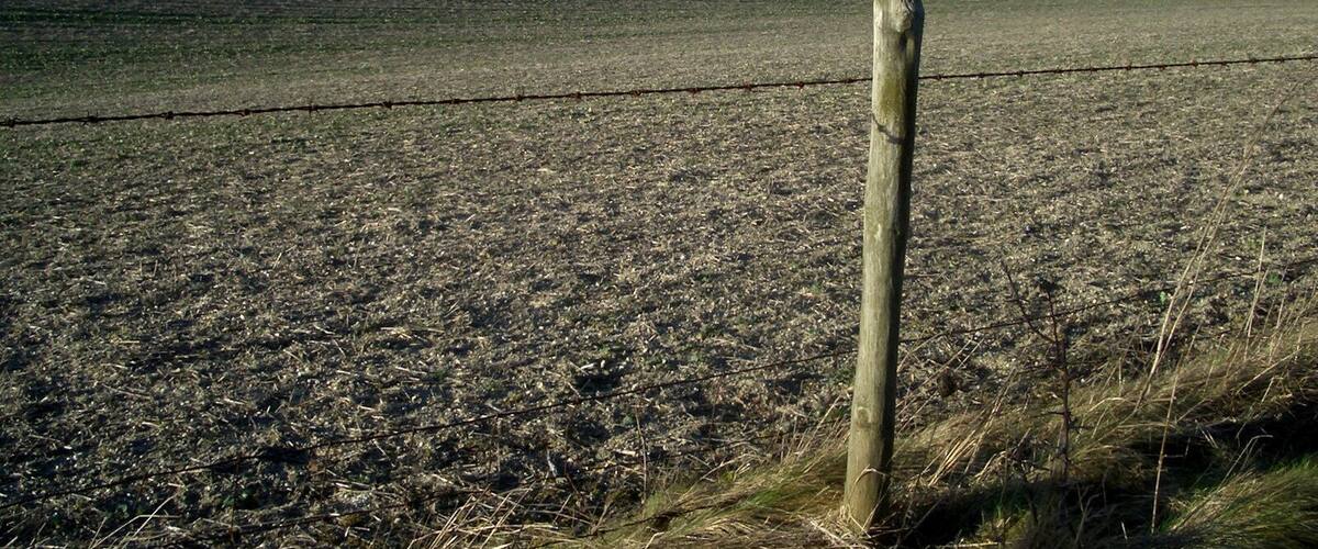 A vast, flat agricultural field with a barbed wire fence in the foreground and industrial buildings in the distance.