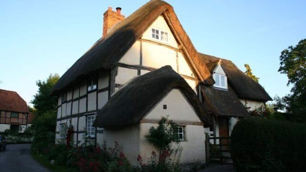 A traditional half-timbered house with a thatched roof.