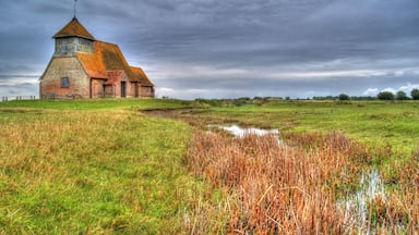 Uma igreja de tijolos com telhado pontiagudo e uma torre, cercada por um campo gramado e um pequeno lago.