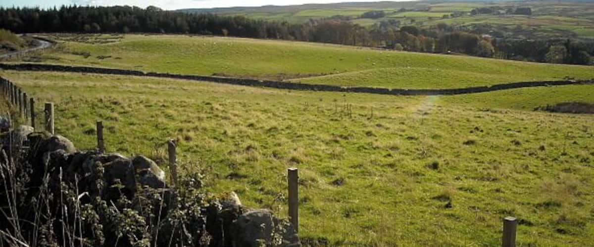 A stone wall, grassy fields, and rolling hills in the distance.