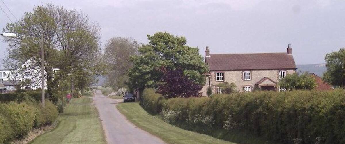 A rural road flanked by houses and greenery.