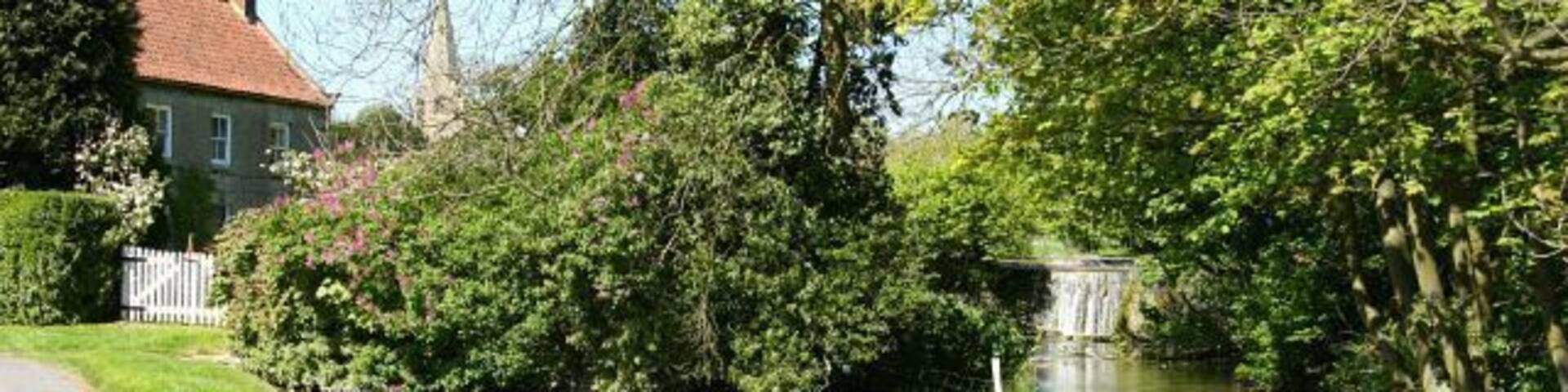 Brompton Beck. The photograph is of the northern end of the western arm of Brompton Beck and is looking toward the weir that feeds the beck from 428681. The building on the left is part of Low Hall Farm and it is also possible to make out the spire of 426956. A public footpath runs in front of the building shown and connects with 426845 near to All Saints Church 426872. Where the water appears to approach the white gate on the left it actually empties into a drain that supplies a 427836 near the to junction of 427800 with 427814. A few metres behind the viewpoint the eastern arm of the beck joins this water to flow under a bridge that takes an unnamed loop 428558 to the farm and a small group of cottages. For a more southerly view of the beck, click here 428560.