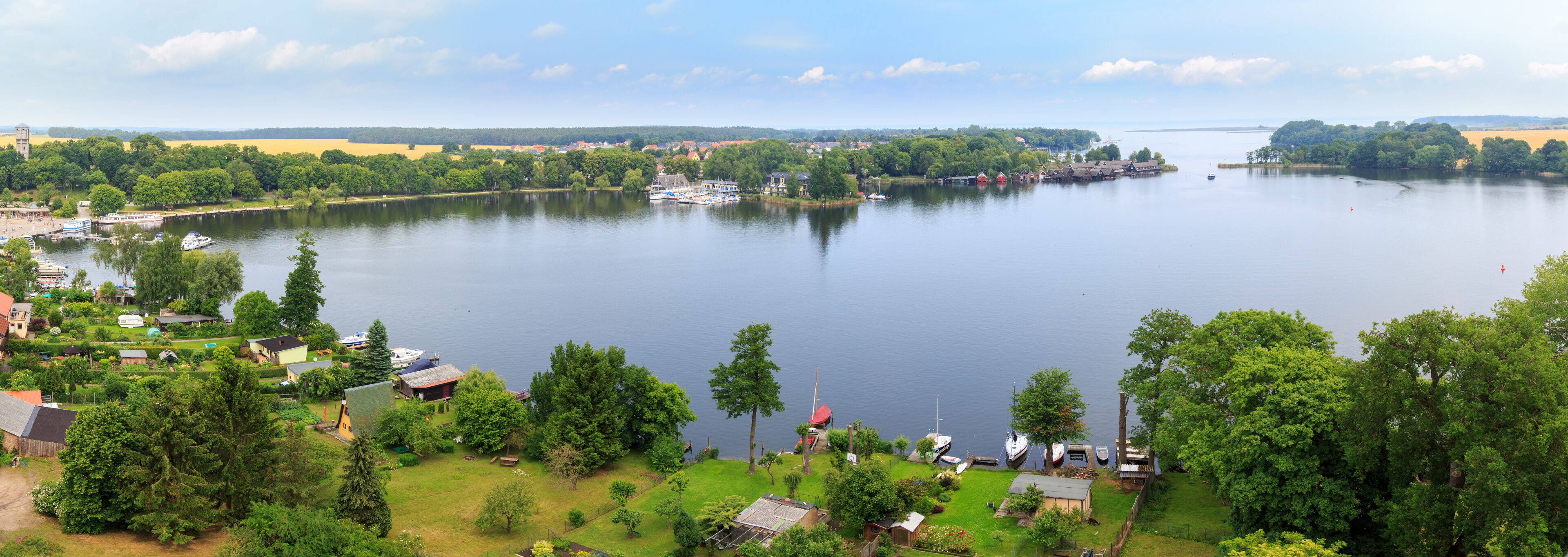 A lake surrounded by trees and houses.