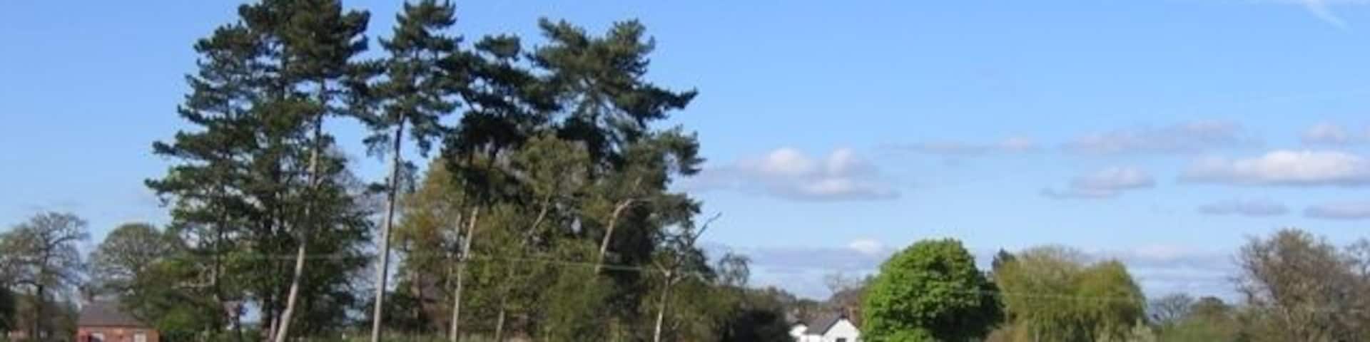Footpath in Coddington This footpath, from by the village pond in Coddington, leads directly to the old rectory, which is the white house. On the far left is the old school, now the village hall, and the clump of trees in the middle of the field is recorded as a 'mound' on modern maps, and a 'Tumulus' on the 1882 O.S. map. On the right of the photo the old sandstone bridge carries the road to Aldersey over Coddington Brook. St Mary's Church is almost invisible behind the clump of trees.