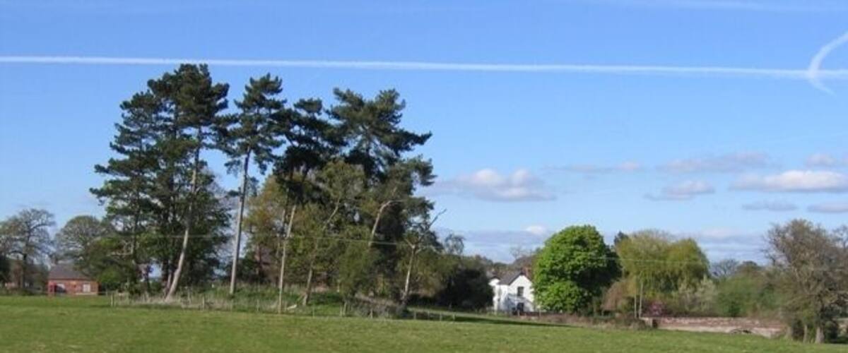 A grassy field with trees and a white building in the distance.