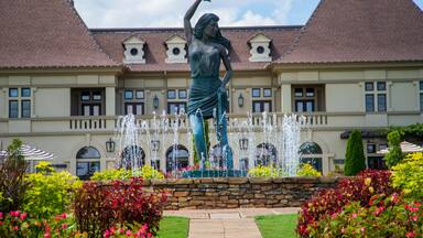 a gorgeous summer landscape with a water fountain with statue of a woman in the center surrounded by colorful flowers and lush green trees, grass and plants with blue sky and powerful clouds