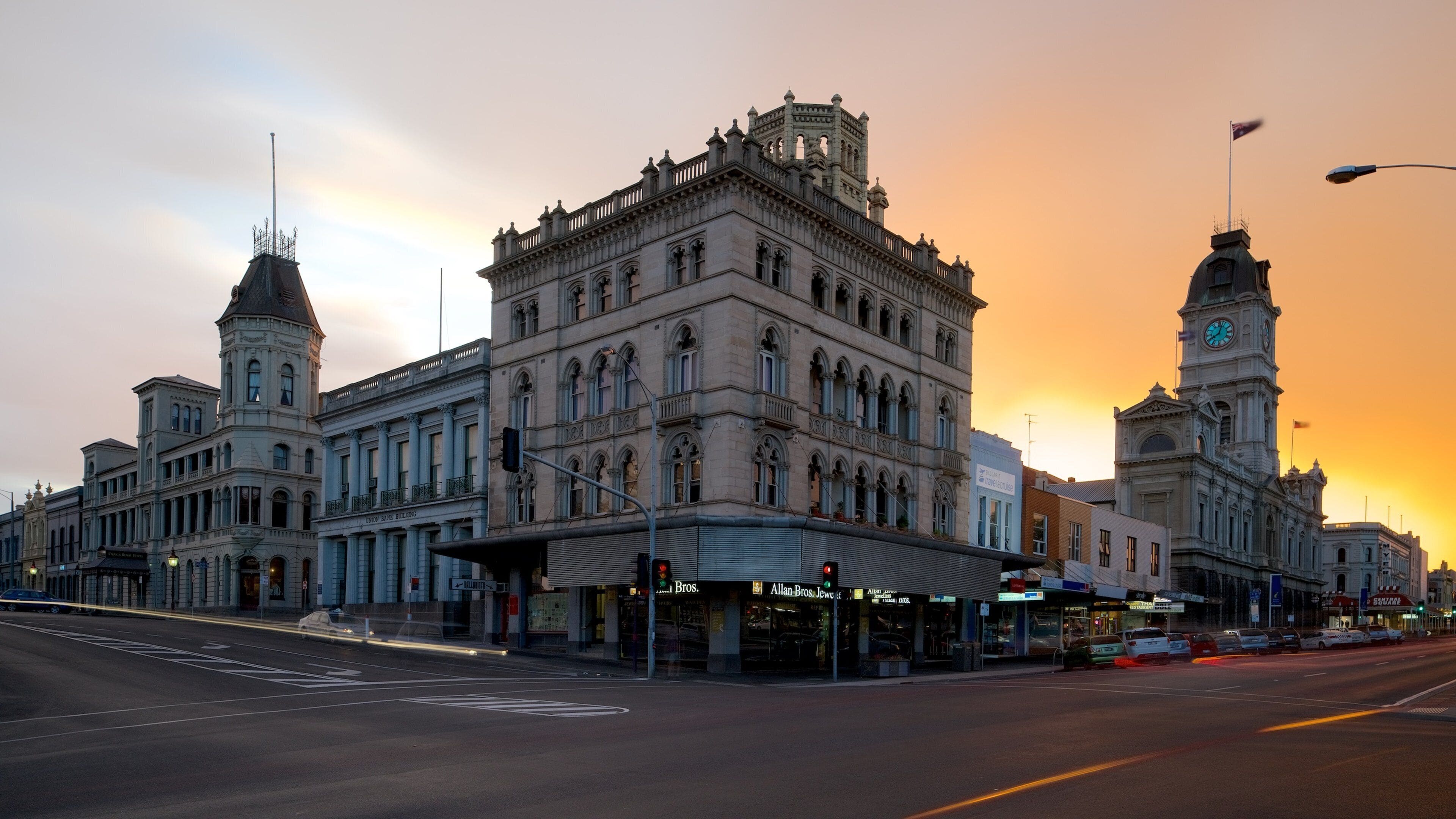 Ballarat Town Hall featuring a city, heritage architecture and a sunset