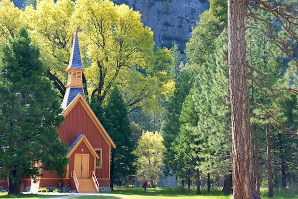 Yosemite Valley Chapel showing a park, a church or cathedral and heritage elements