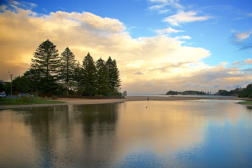 A calm river with trees on the left and a beach on the right.