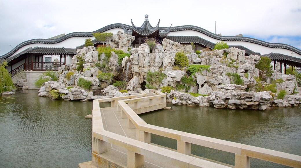 Dunedin mostrando giardino, laghetto e oggetti d\'epoca