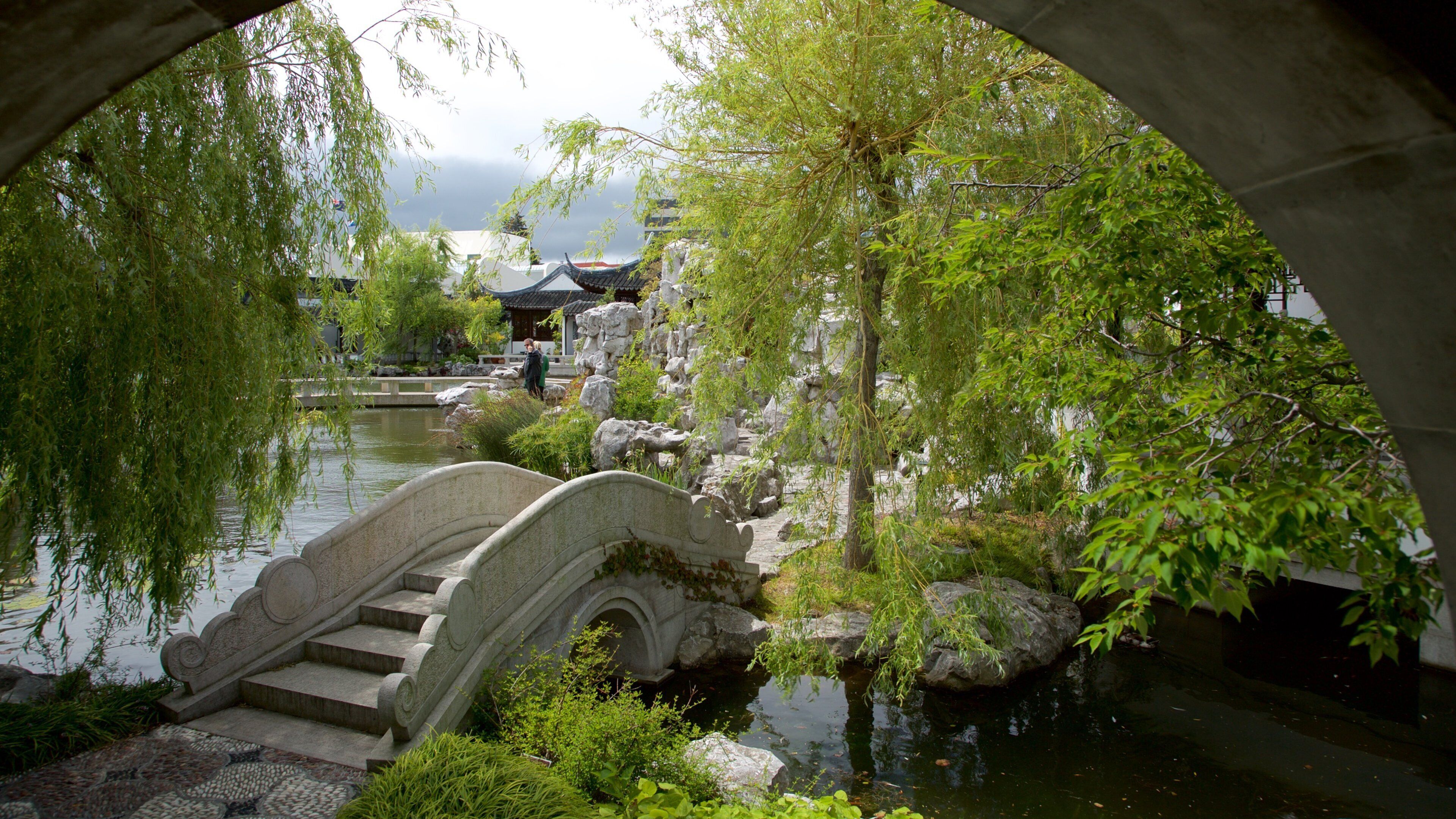Dunedin Chinese Garden which includes a bridge, a park and heritage elements