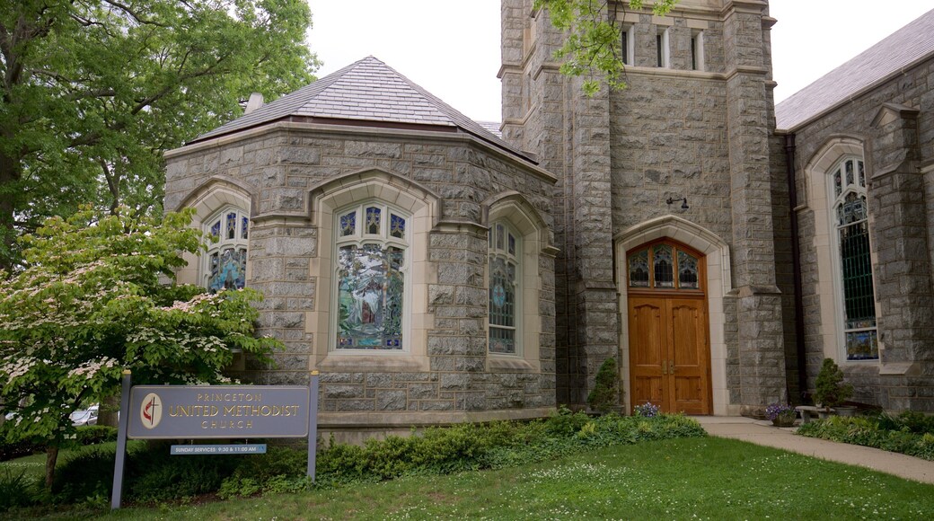 Princeton United Methodist Church showing signage, a church or cathedral and heritage elements