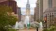 Benjamin Franklin Parkway featuring heritage architecture, a fountain and a city