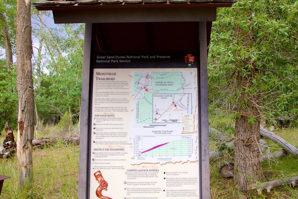 A trailhead sign for Montville Trailhead in Great Sand Dunes National Park and Preserve.