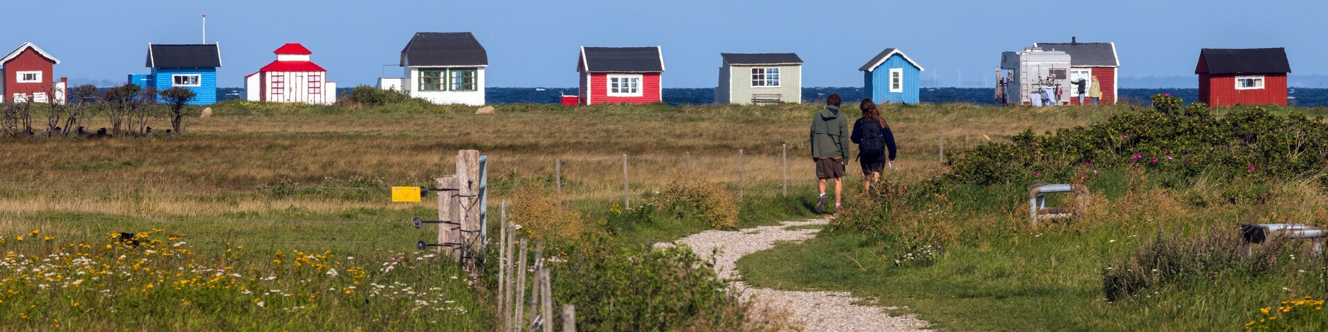 A coastal path with colorful houses and a clear sky.