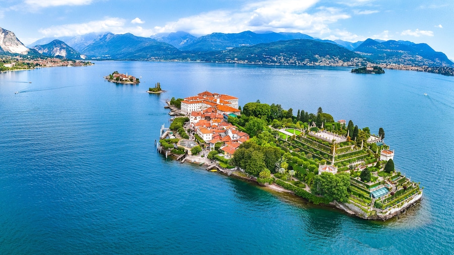 Aerial view of Isola Bella, in Isole Borromee archipelago in Lake Maggiore, Italy