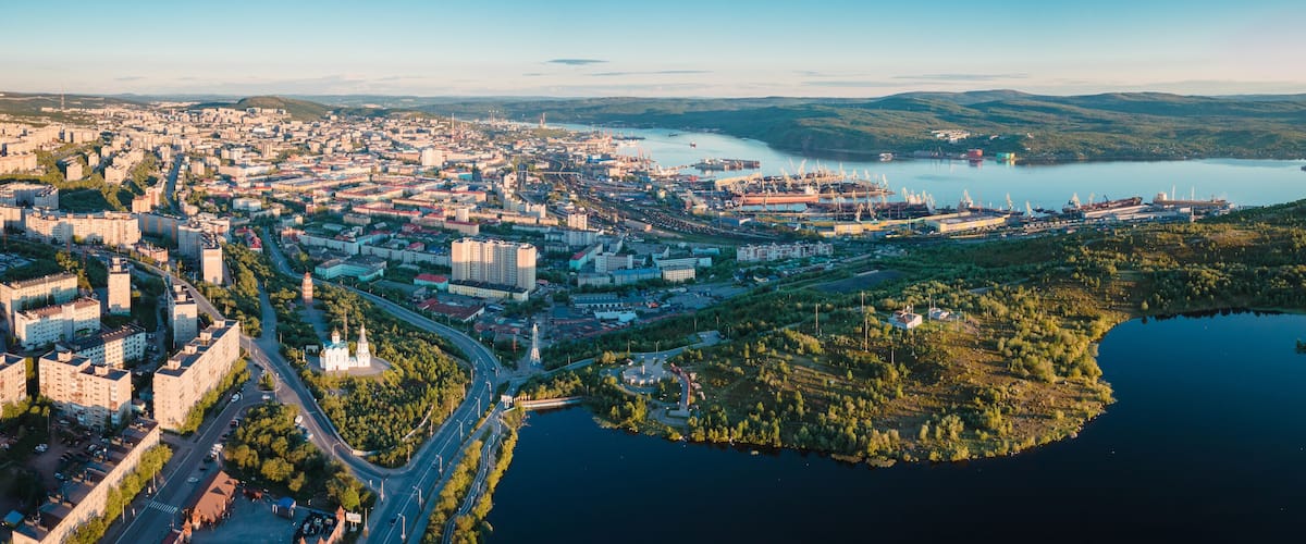 Aerial view of Murmansk in the summer. City beyond the Arctic Circle. Polar day