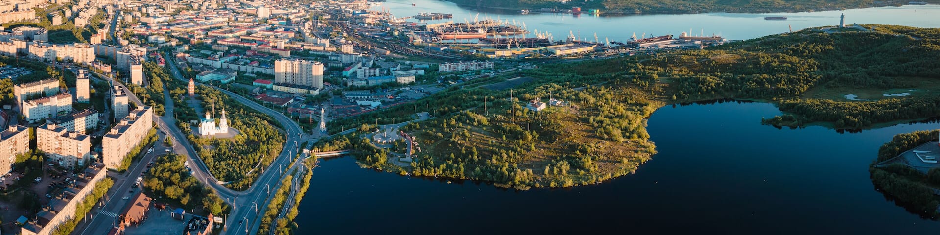 Aerial view of Murmansk in the summer. City beyond the Arctic Circle. Polar day