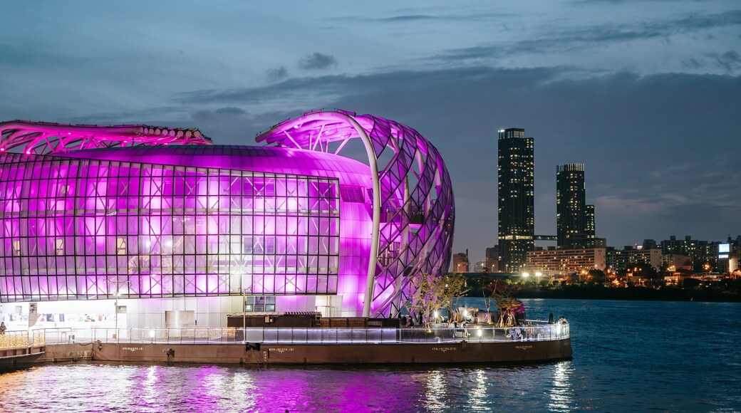 Banpo Hangang Park which includes a bay or harbor, modern architecture and night scenes