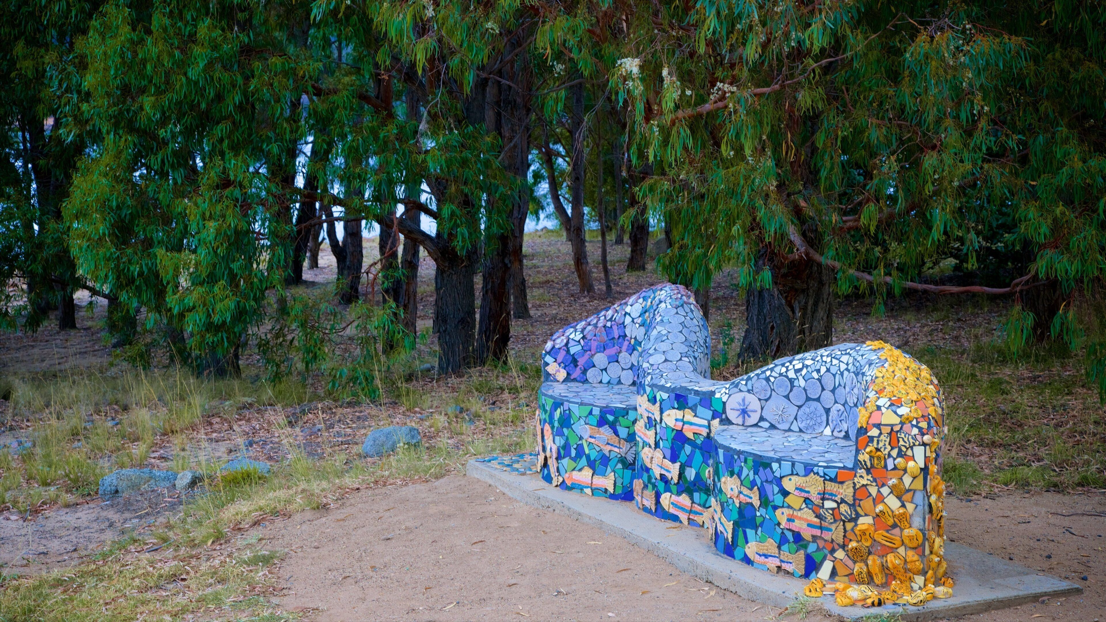 Lake Jindabyne showing outdoor art and a garden