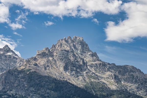 View of Teewinot Mountain from Teton Glacier Turnout in Grand Teton National Park.