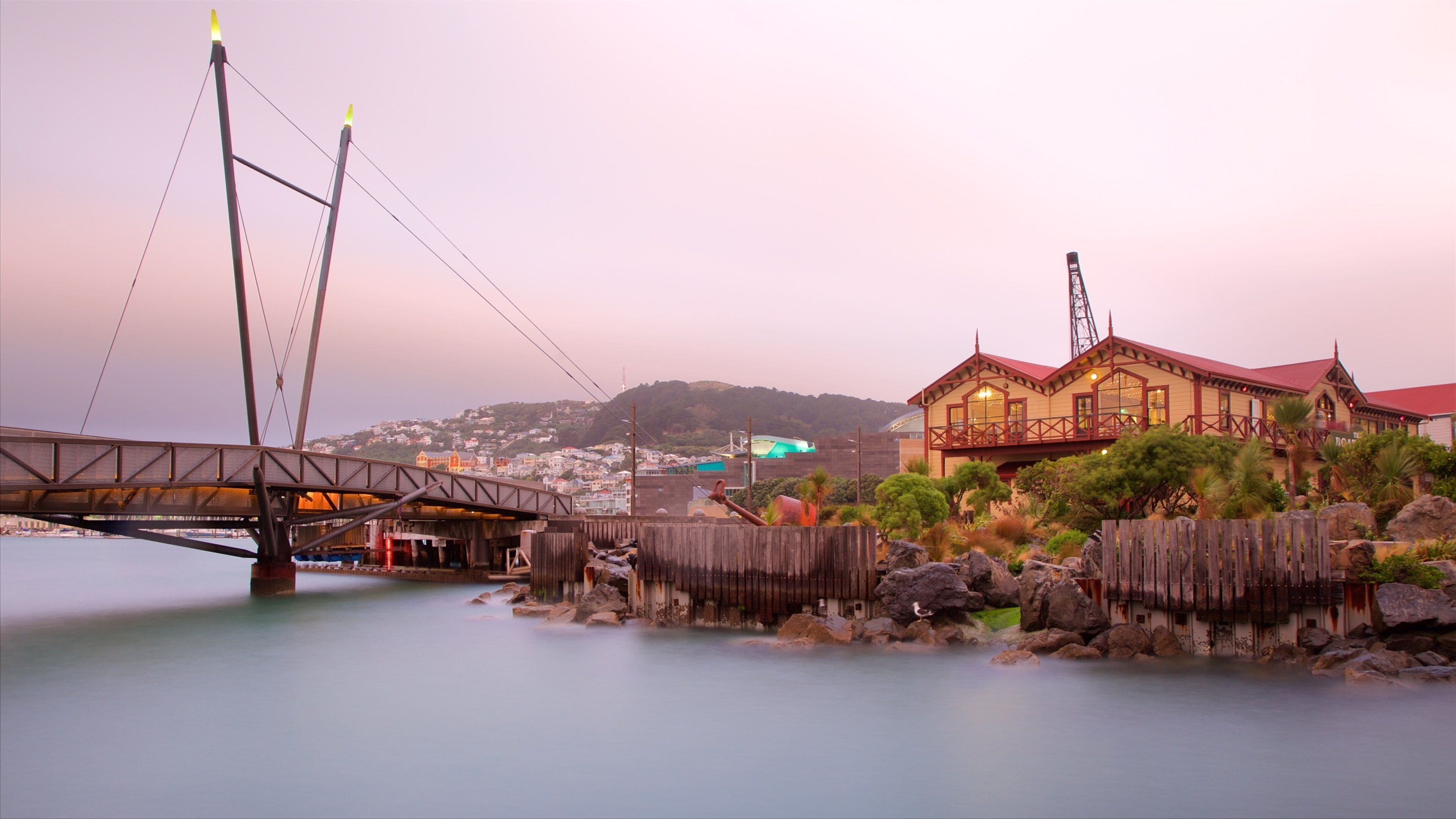 Wellington Waterfront featuring a bridge, a sunset and a river or creek