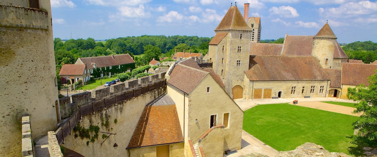 A medieval castle with a moat, stone walls, and a grassy courtyard.