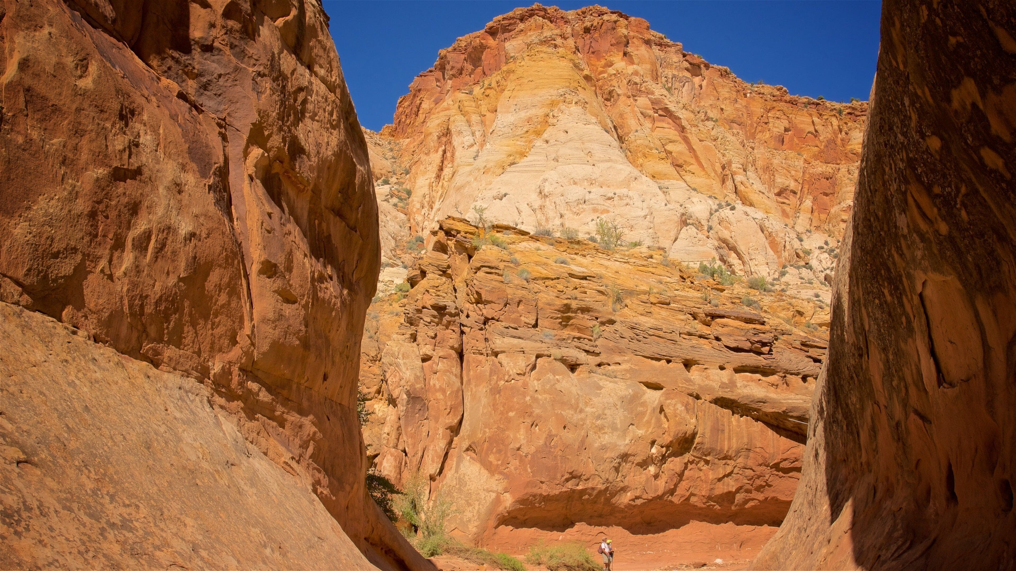 A canyon with layered rock formations and a hiker in the distance.