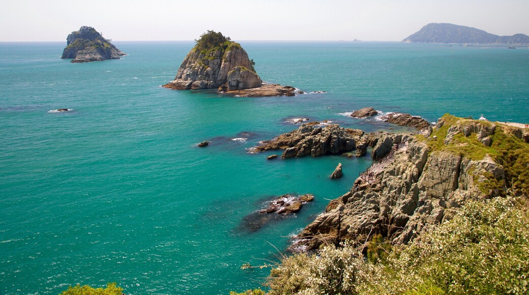 Oryukdo Skywalk featuring rocky coastline, island images and general coastal views